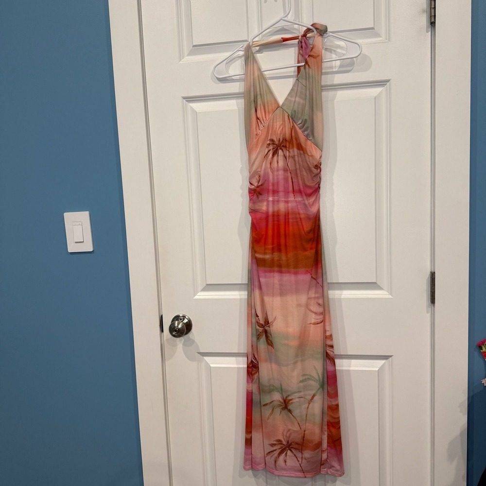 Altar'd State Tropical Sunset Palm Print Halter Midi/Maxi Dress Size Medium - Picture 4 of 9